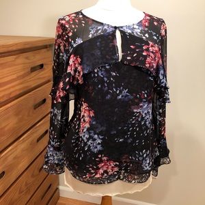 WHBM Spring Floral Sheer Long Sleeve Top EUC